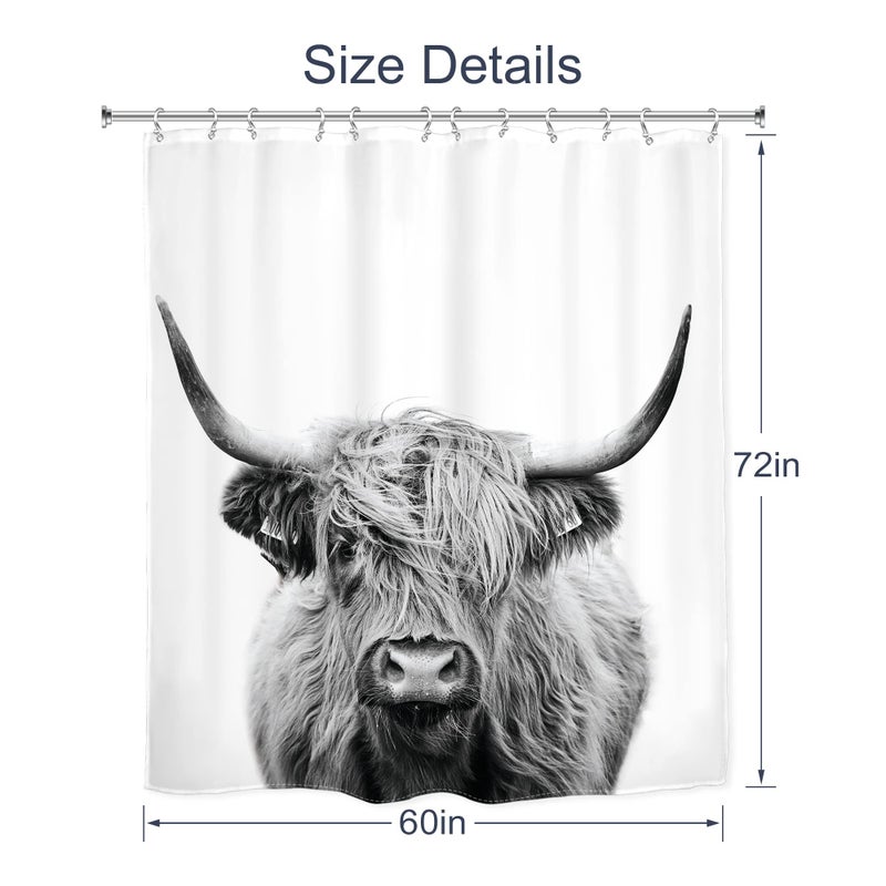 AMBZEK Highland Cow Shower Curtain 60Wx72L Inch Rustic Bull Portrait Western Farmhouse Cattle Country Restroom Accessories Funny Cute Farm Animal Grey White Fabric Bathroom Decor Set with 12 Hooks - Image 5